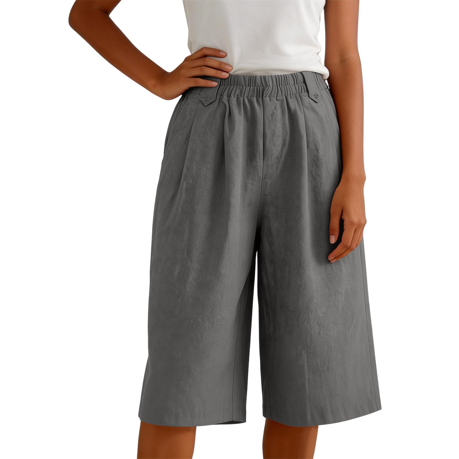 Generisch Damen Leinenhose Kurze 5/4 Hose Sommer Locker Fit Bermudas Große Größen Freizeithose mit Gummizug Weites Bein Stoffhose mit Taschen für Strand Urlaub