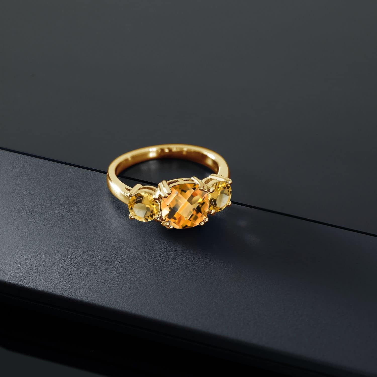 Gem Stone King 18K Yellow Gold Plated Silver Yellow Citrine 3-Stone Engagement Ring For Women | 4.60 Cttw | Gemstone Birthstone | Wedding Engagement Anniversary Promise Ring For Women