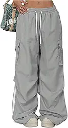 Calça cargo feminina com cordão na cintura e perna larga, solta, paraquedas