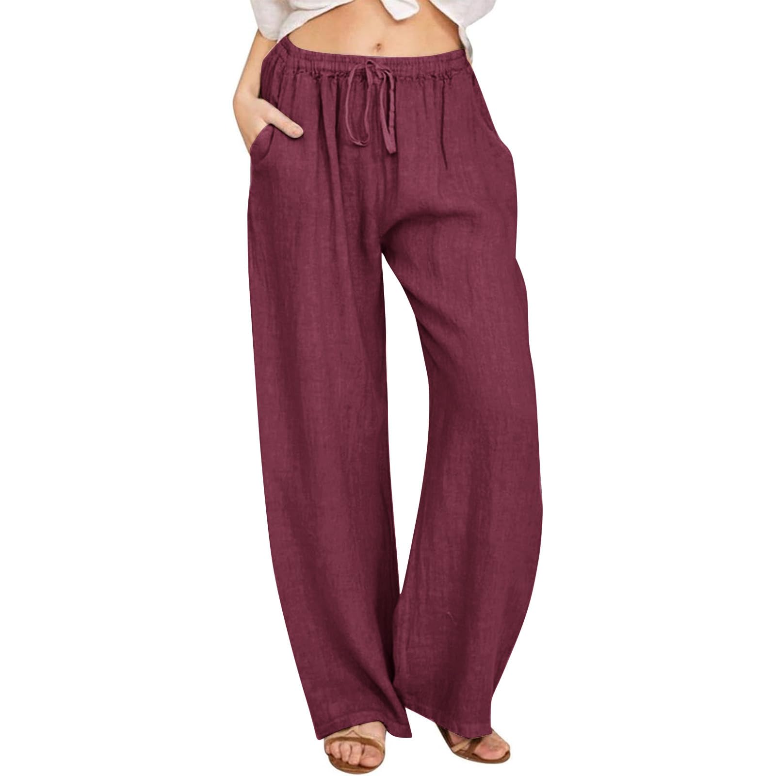 Womens Linen Pants Casual Wide Leg Palazzo Pants Drawstring High Waisted Loose Fit Beach Trousers with Pockets