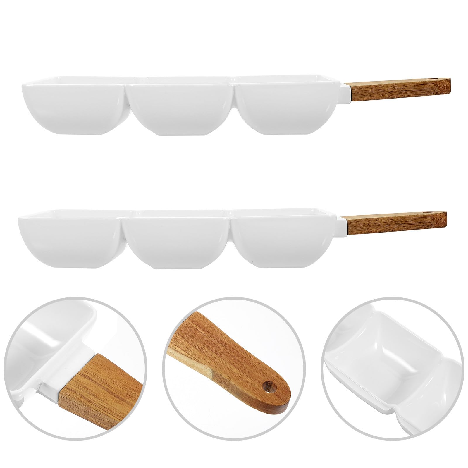 Cuenco de Cerámica Blanco de Triple Compartimento 2 Piezas | Formato Cuadrado, Ligero y Portátil, para Aperitivos, Postres y Ensaladas en Hogar u Hotel