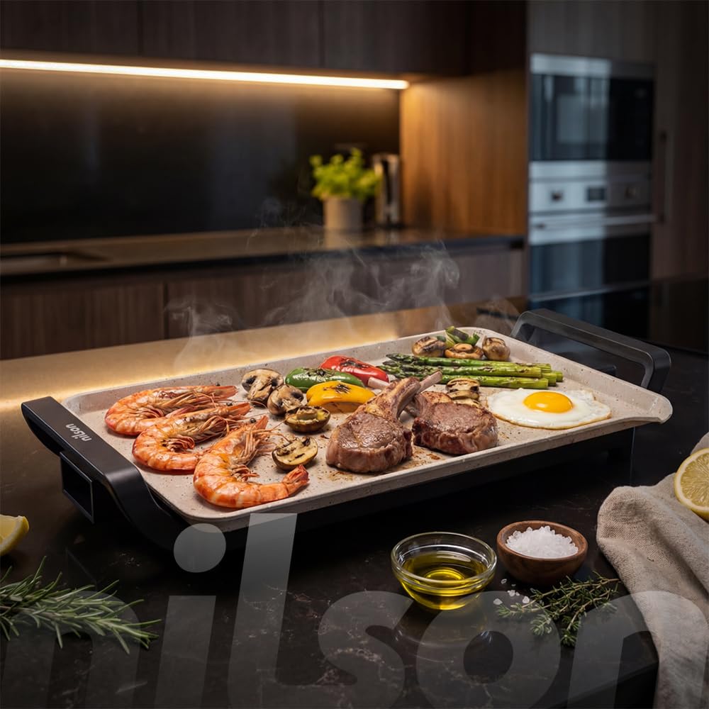 Plancha de Asar, Grill Eléctrico, 2550 W, Cocina Carnes, Verduras y Mariscos, Revestimiento Antiadherente, NPE533300L, Control de Temperatura, Superficie de Cocción 58x33 cm