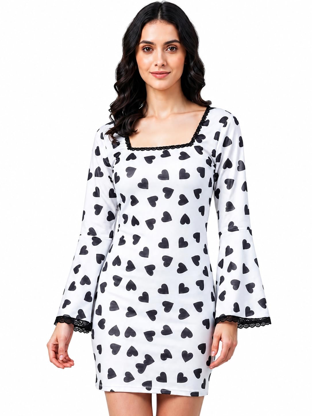 jumbuck Women's Heart Print Mini Dress with Bell Sleeves, Back Design-picture-17