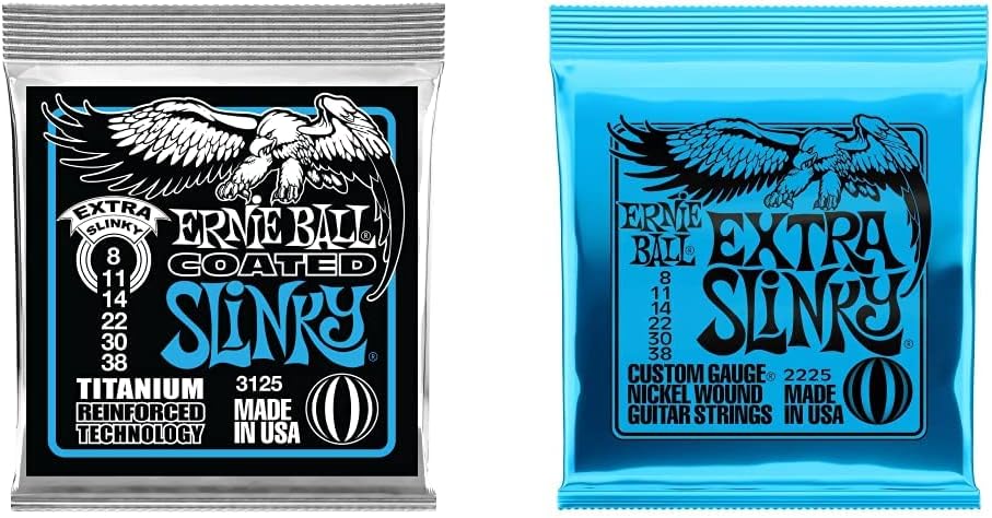 Ernie Ball Extra Slinky Coated Titanium Electric Guitar Strings, 8-38 Gauge (P03125) & Extra Slinky Nickel Wound Electric Guitar Strings - 8-38 Gauge