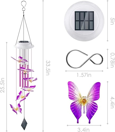 Miniatura 6 de Carillón de viento solar con mariposas, regalos para mamá y mujeres, carillón de viento LED brillante con cambio de colores para exteriores con 4