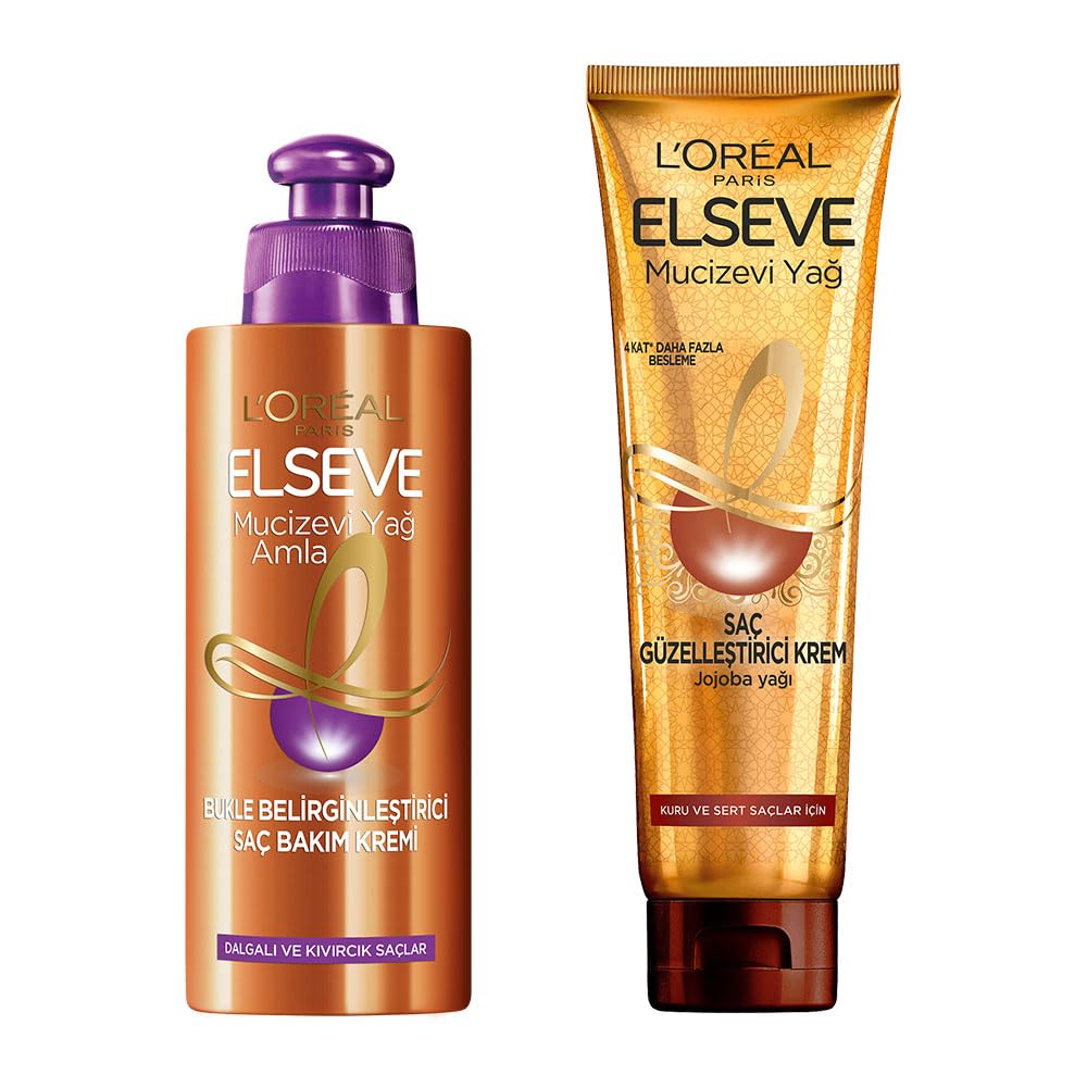 L’Oréal Paris Elseve Mucizevi Yağ Saç Güzelleştirici Krem 150 ml - Kuru ve Sert Saçlar & Elseve Mucizevi Amla Yağı Bukle Belirginleştirici Saç Bakım Kremi Saç Bakım Seti