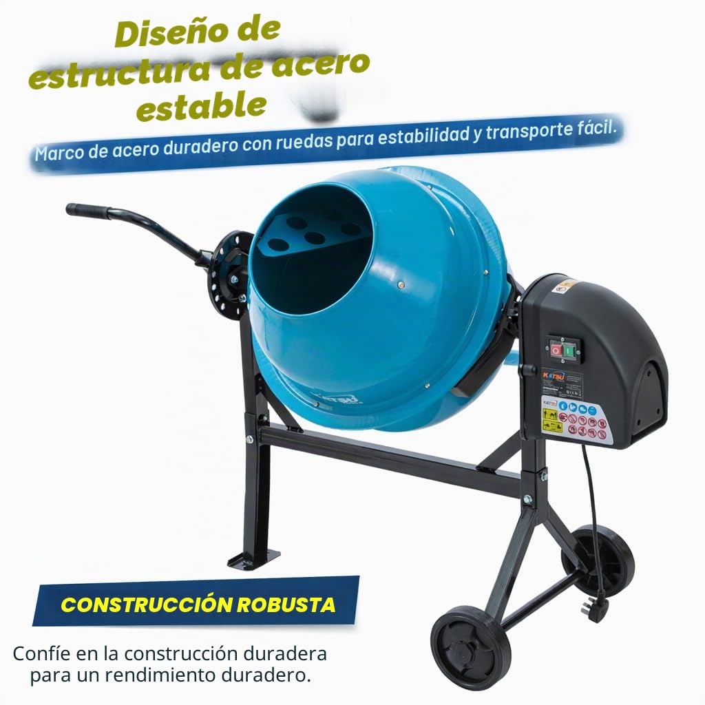 KATSU Tools Hormigonera eléctrica 63L - 220W Máquina mezcladora de mortero de cemento portátil con ruedas, soporte y mango basculante, ideal para bricolaje y construcción, modelo 167340