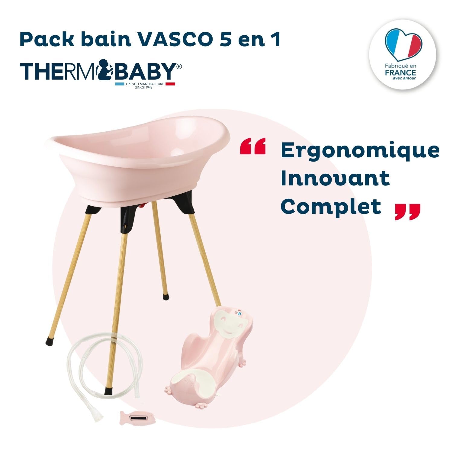 THERMOBABY - Pack baignoire bébé VASCO 5 en 1 - Baignoire, pied en bois, tuyau de vidange, transat de bain, thermomètre - Rose Poudré - Pliable & stable - Fabriqué en France