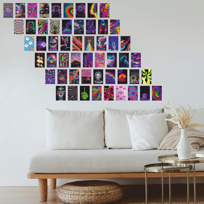 Image of POSTERONN Psychedelic Wall Collage Kit Set of 54 Aesthetic 4x6 Inch Posters Trippy Room Decor for Bedroom Dorm Living Room Vibrant Cardstock Art Prints for Teens Adults with Glue Dots Included