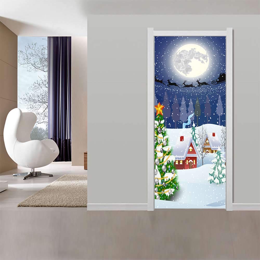 Autocollants escaliers trompe l'œil Noël et stickers de porte imperméables 88x200