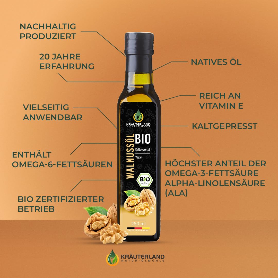Kräuterland Bio Walnussöl 2X250ml (500ml), Bio Walnusskern, kaltgepresst, naturrein ohne Zusatzstoffe, Vegan & GVO-frei, Premium Qualität
