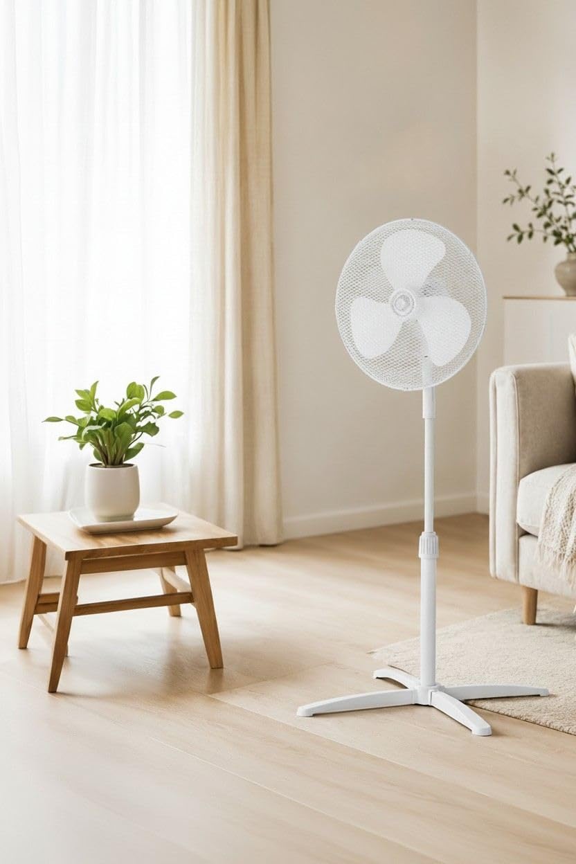 Opviq Kumtel regulowany biały wentylator z oscylacją 80°, 3 poziomy prędkości, silnik miedziany, 40 W, 42,1 x 10,5 x 56,3 cm