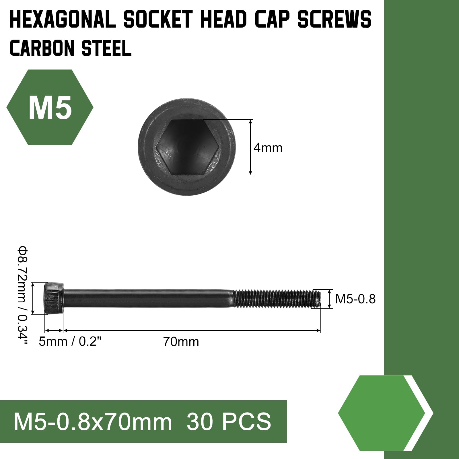 uxcell Hex Socket Bolts (M5-0.8x70), Grade 12.9 Carbon Steel Hex Socket Drive Screws, Black, 30 Pcs, M5-0.8x70mm - Image 2