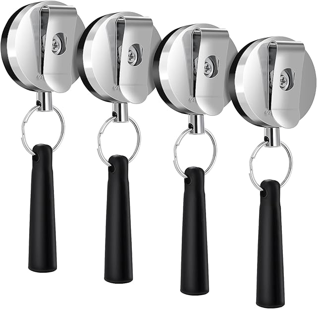 Heavy Duty Retractable Pull Pen Pencil Holder, 4 Pack Ideal Grip for Markers and Carpenter Pencils Self Retracting Reel & Metal Clip Stretch Pencil Holder for Carpenters, Waiters, Handicraft Maker