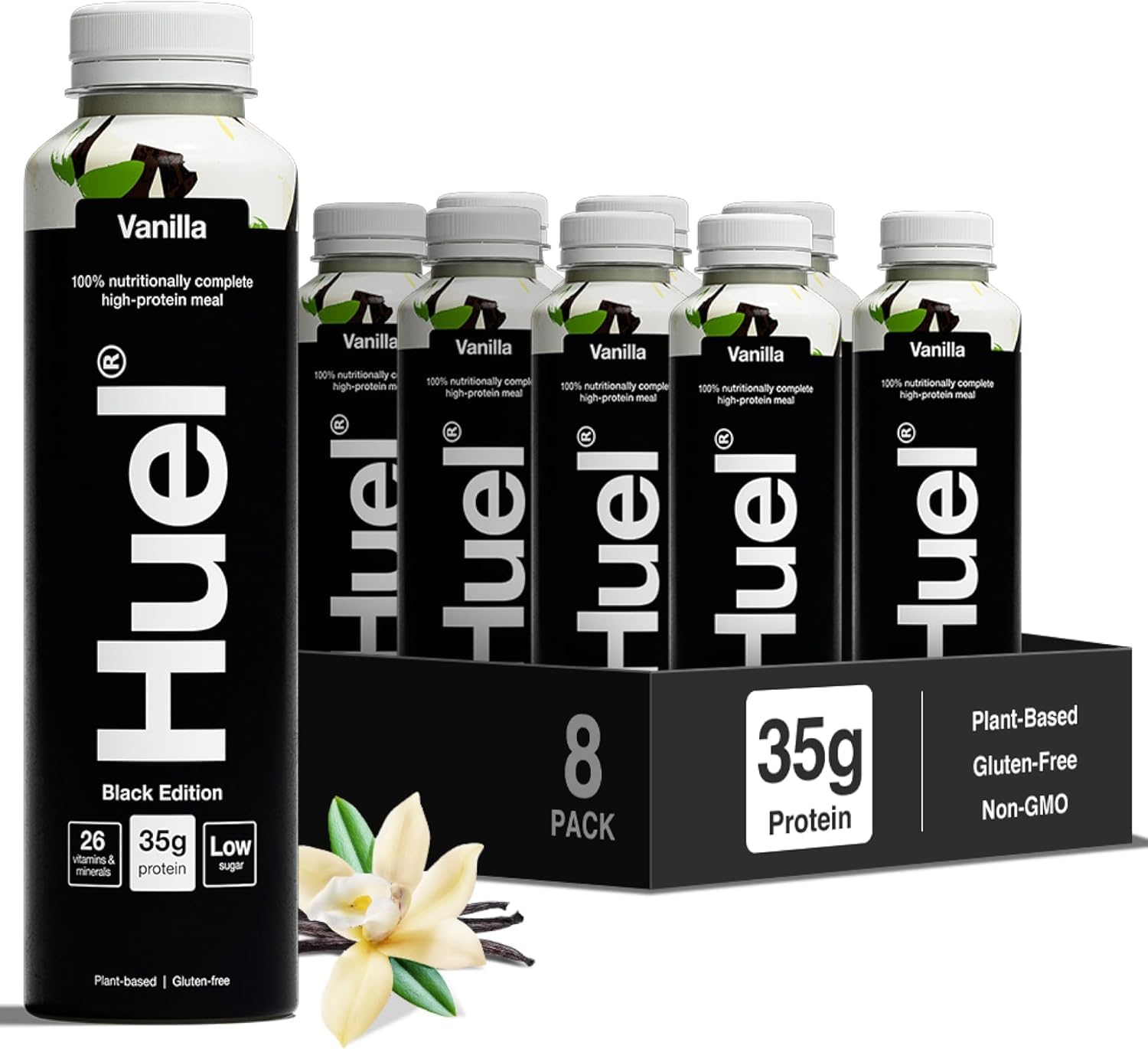 Huel Black Edition Drink Vanilla, proteinreiche Trinkmahlzeit für unterwegs - 8 x 500 ml - 35 g Protein, Reich an Vitamin D, gesunden Fettsäuren & Kalzium, Plant-based, Geschmack Vanille