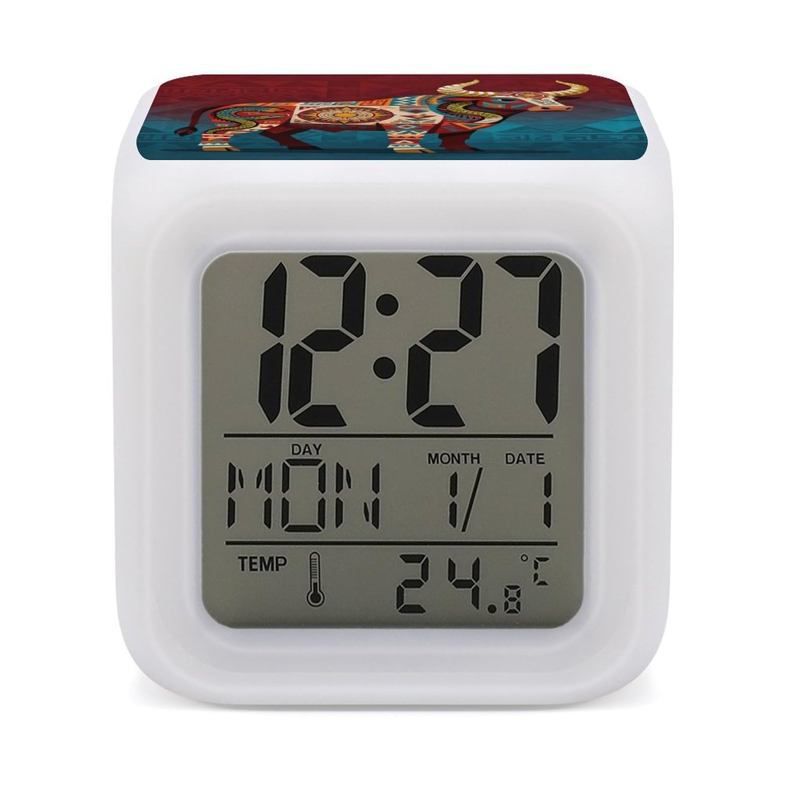 VstaDank Aztec Cow Alarm Clock Alarm Clock with 7 Color Changing Digital Clocks for Bedrooms Sleep Training Clocks with Large Display for Office Kitchen Living Room