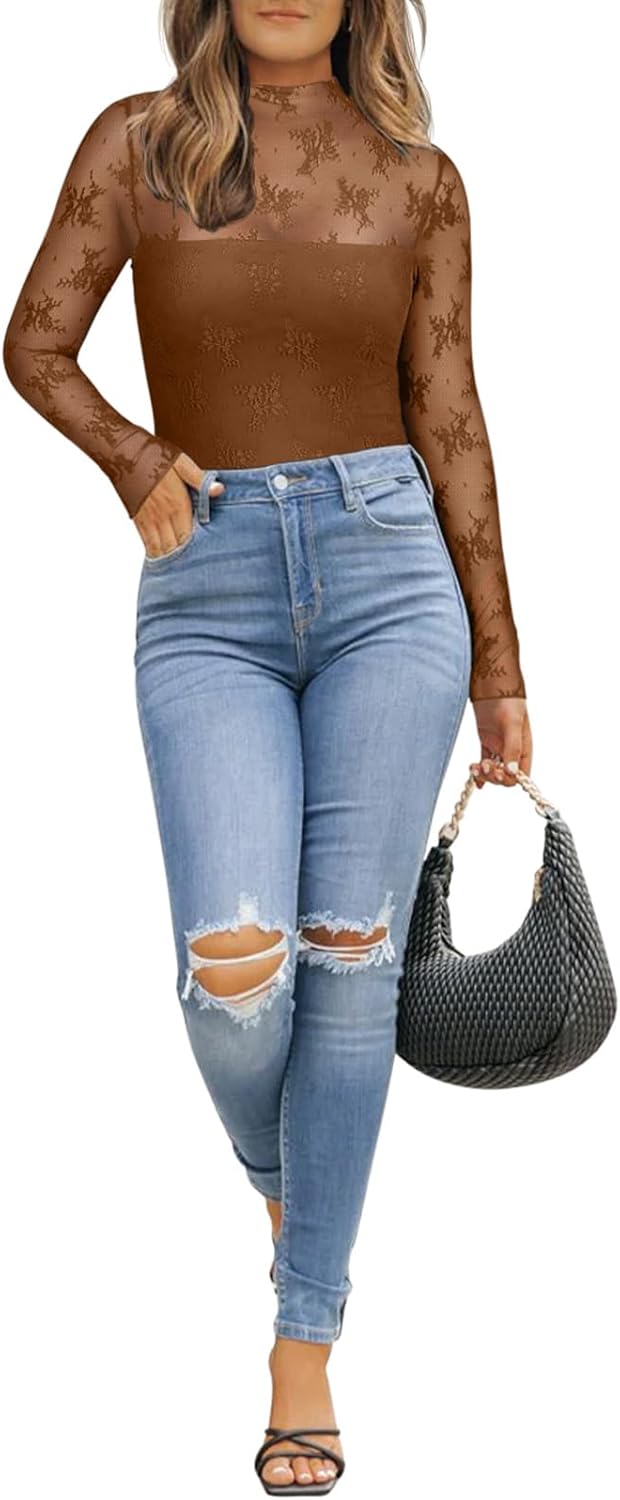 PINKMSTYLE Women's Long Sleeve Lace Bodysuit High Neck Sexy Tops for Going Out, Concert, Date Night Outfits - Image 5