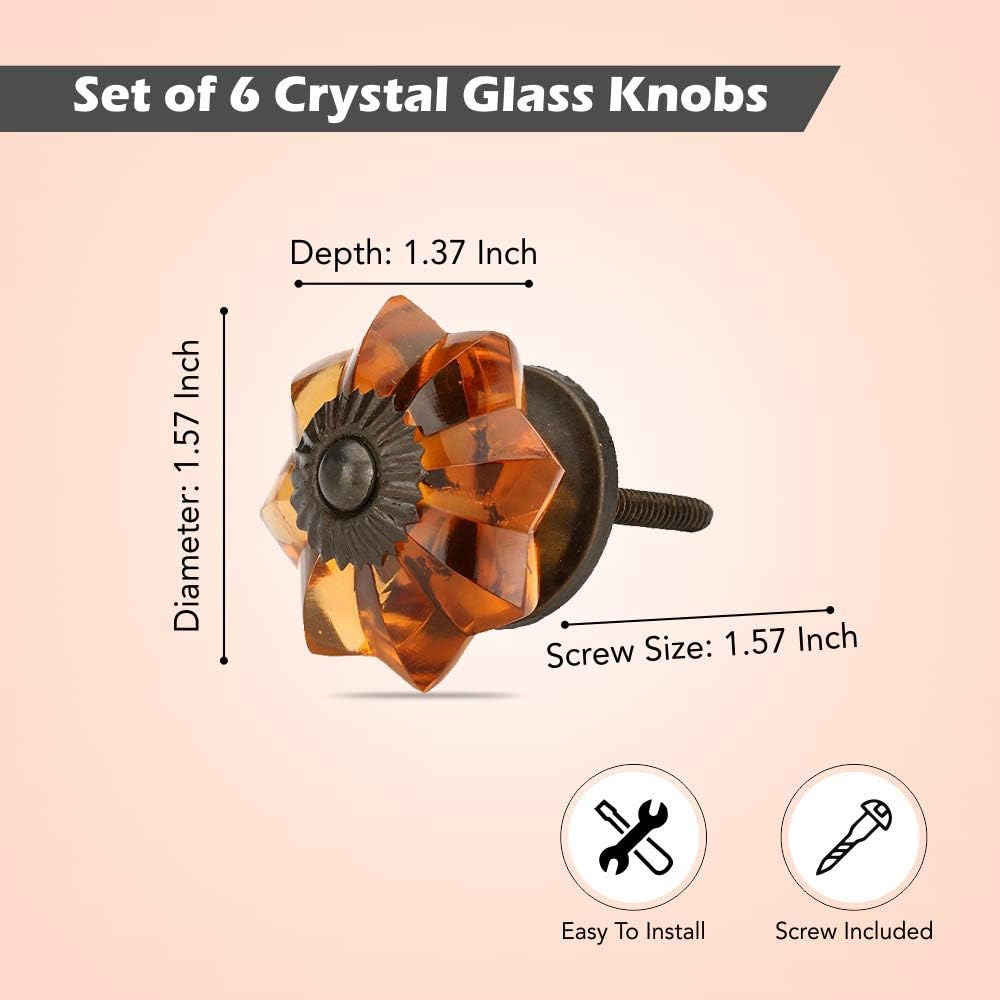 Perilla Home Set of 6 Crystal Knobs for Cabinet & Drawers Decorative Vintage Glass Knobs for Home Kitchen Cabinet Hardware Cupboard Glass Door Dresser Wardrobe and Drawer Pulls (Amber)