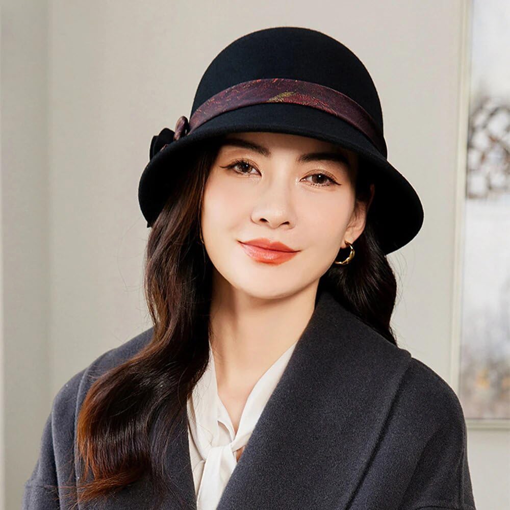 Eleganti Cappelli da Pescatore per Donna Matrimonio e Chiesa Primavera Autunno Feltro di Lana Fedora Signore Caldo Berretto Femmina (khaki95658cm M)