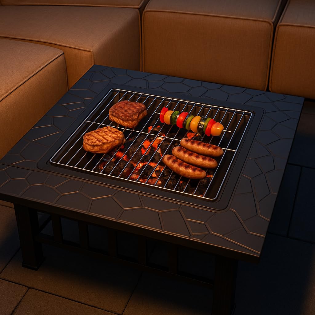 Preiswert&Gut Feuerschale mit Funkenschutz 3in1 in edler Steinoptik – Feuerstelle Terrasse als Grill und Eiskübel, wetterfest mit Schürhaken & Abdeckung 81x81x50 cm Feuerkorb für den Garten