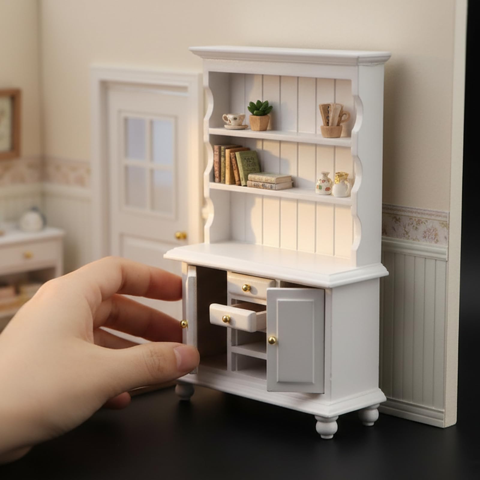 Amazon.co.jp: 1:12スケール ミニチュア 食器棚 本棚 クラシック 木製