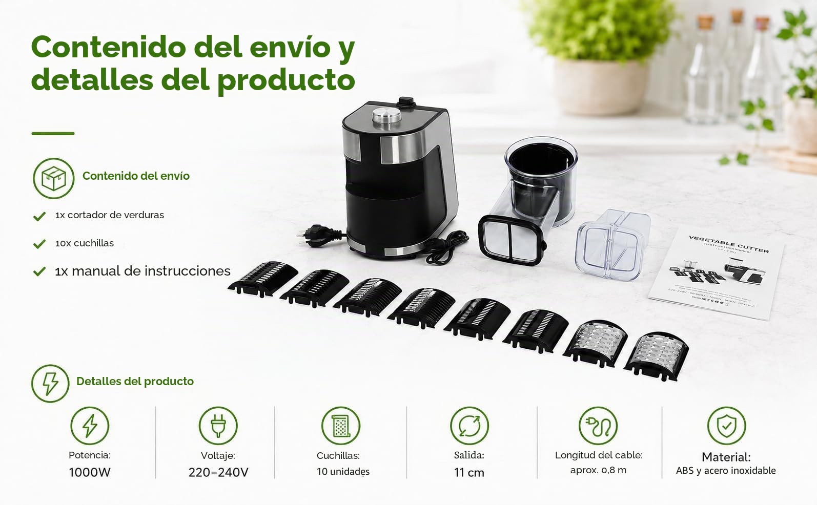 1000 W rallador eléctrico con 10 cuchillas de acero inoxidable, corte de verduras eléctricas para zanahorias, queso, pepino, cebollas (Negro)