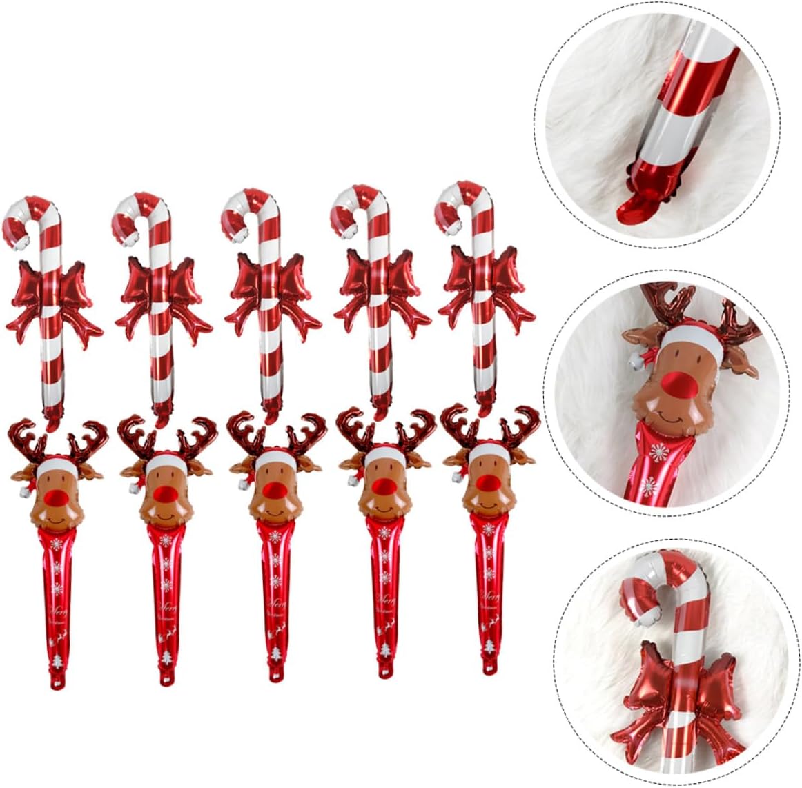 HEMOTON 10pcs 24-inch Xmas Handheld Balloons Set with Inflatable Candy Cane and Reindeer Head Foil Balloons for Christmas Party Decoration and Photo Props