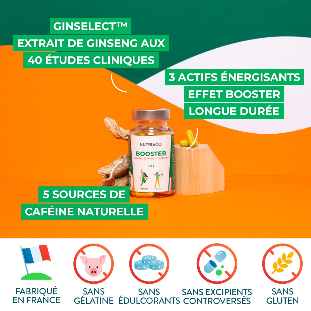 NUTRI & CO Le Booster - Anti Fatigue Puissant - Caféine Caffshock® 400 mg (Café Vert + Guarana + Thé Vert + Maté) & Panax Ginseng Blanc - Énergie & Concentration - 40 gélules Vegan - Made in France