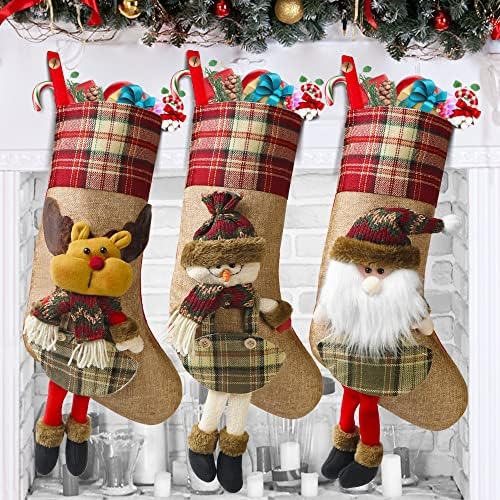 COOLWUFAN Christmas Stockings 3 Pack, 19" Xmas Stockings with 3D Santa Snowman Reindeer Character Stocking Christmas, Plaid Cuff Design Stockings for Family Decorations