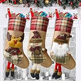 COOLWUFAN Christmas Stockings 3 Pack, 19" Xmas Stockings with 3D Santa Snowman Reindeer Character St
