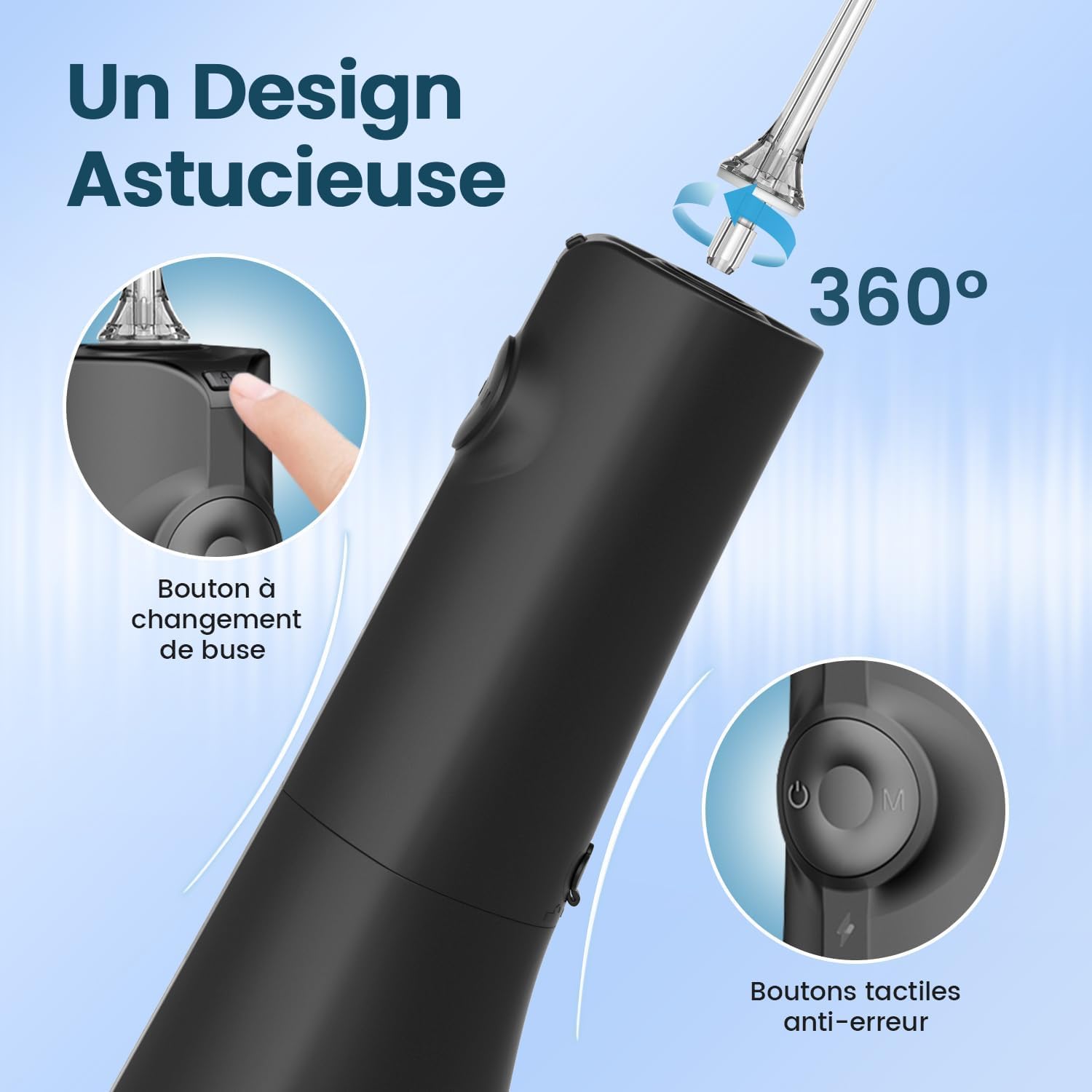 AUIEI Jet dentale Hydropulseur Portable Water Flosser, Irrigatore orale 5 modalità e 8 ugelli, serbatoio 300 ml, USB caricato, impermeabile IPX7, adatto Gencive Sensible (nero)