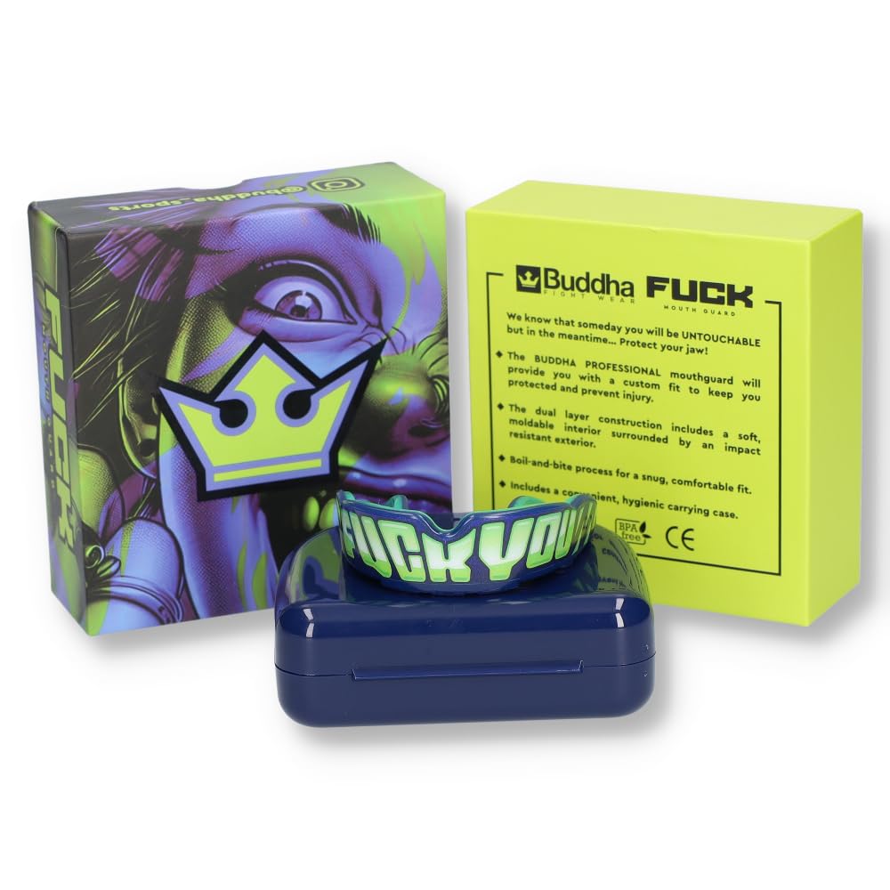 BUDDHA FIGHT WEAR Protector bucal Premium adultos y niños +12 Años para deportes de contacto rugby MMA kickboxing judo hockey boxeo Azul-Amarillo