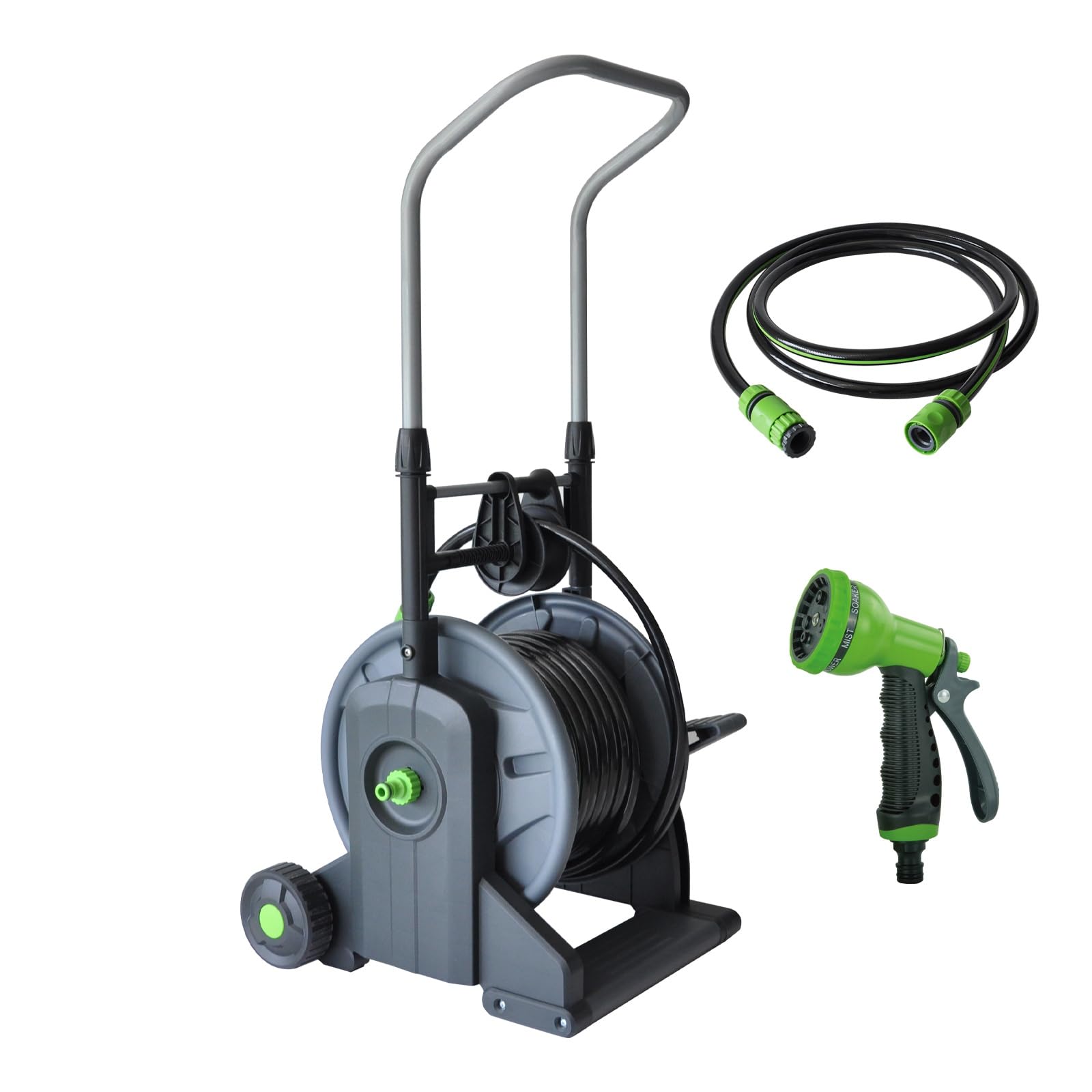 BIRCHTREE Garden Hose Reel Cart with 6 Function Spray Nozzle, Freestanding Wheeled Hose Pipe Reel Trolley, 25M Garden Watering Hose Outdoor Use