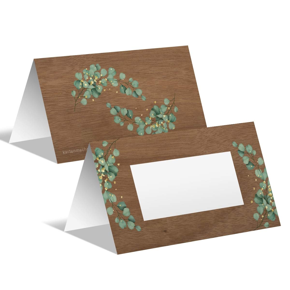 80 x Blanko Hochzeit Tischkarten Klappkarte Set selbst basteln Holz-Design - Eukalyptus