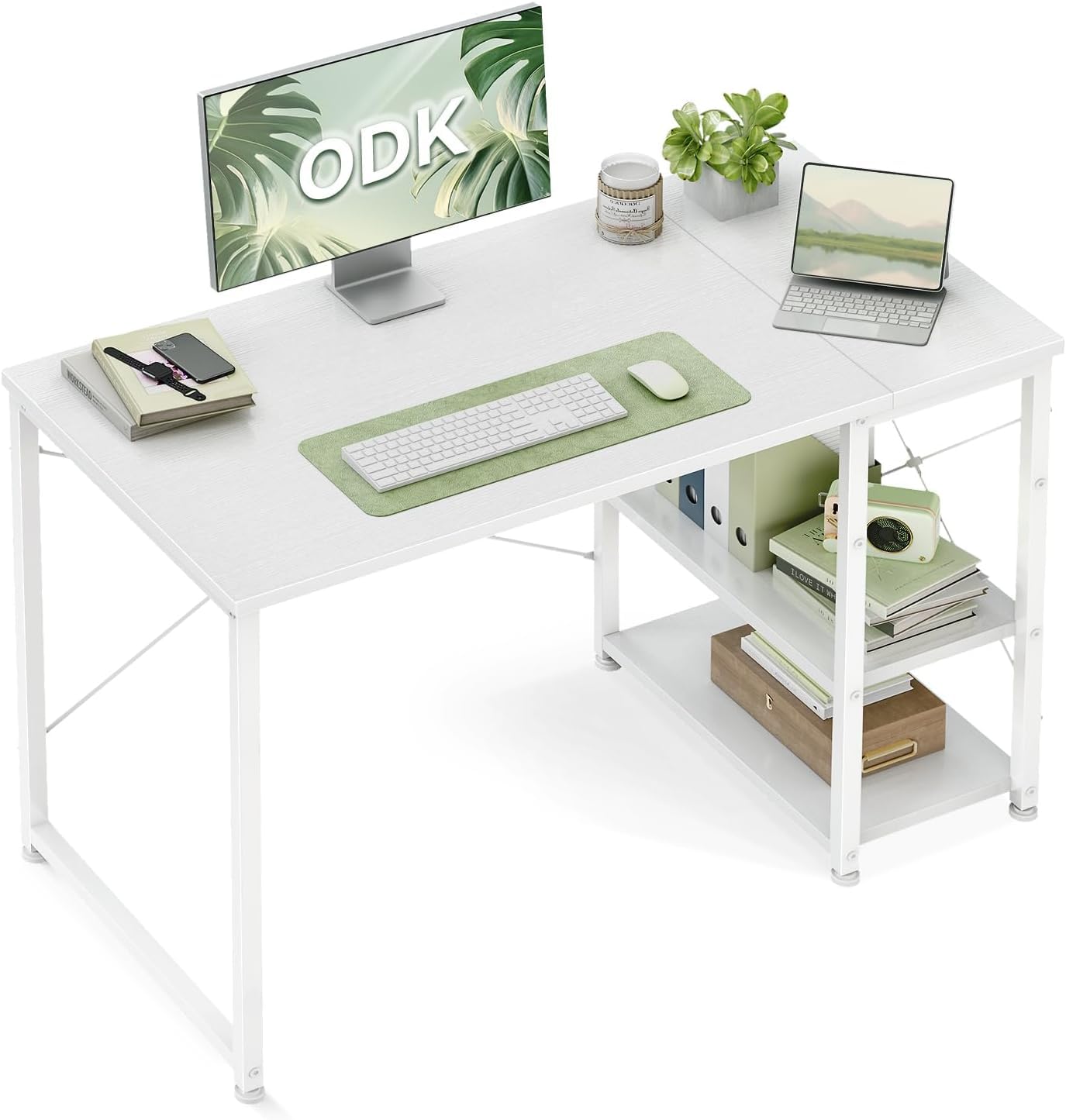 ODK Schreibtisch 100x48cm, Computertisch, Bürotisch,PC Tisch mit Regal reversibel, moderner Stil, Geeignet für Arbeitszimmer, Schlafzimmer, Wohnzimmer,Büro,Weiß
