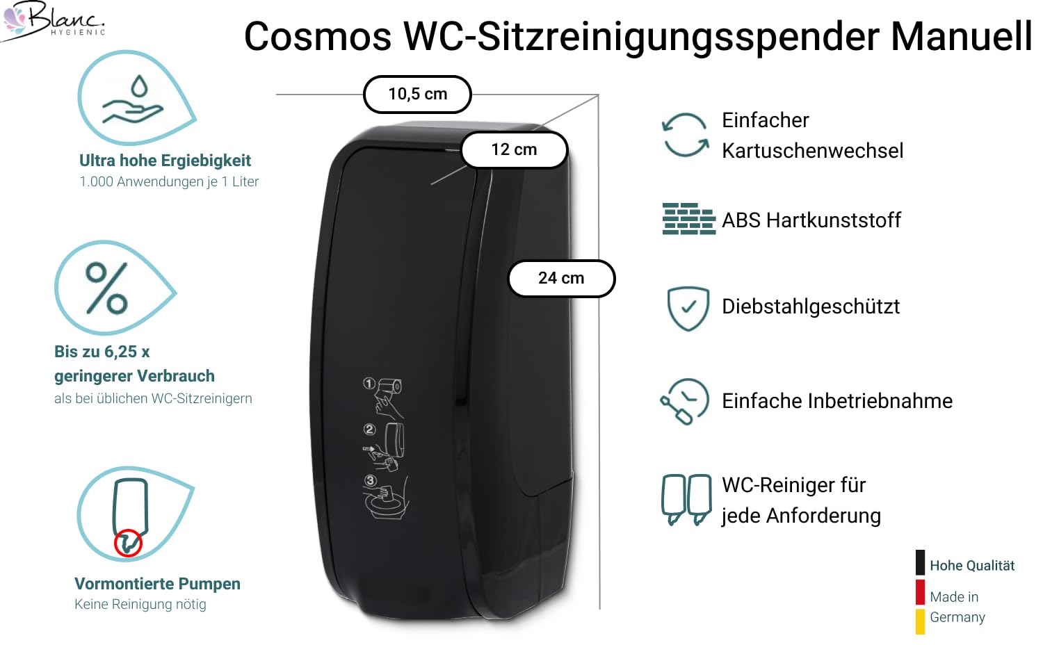 Set Cosmos WC-Sitzreiniger + 2x1 L Schwarz | Manueller Cosmos WC-Sitzreiniger für Wandmontage mit 2x1 L Reinigungsschaum für bis zu 5.000 Anwendungen