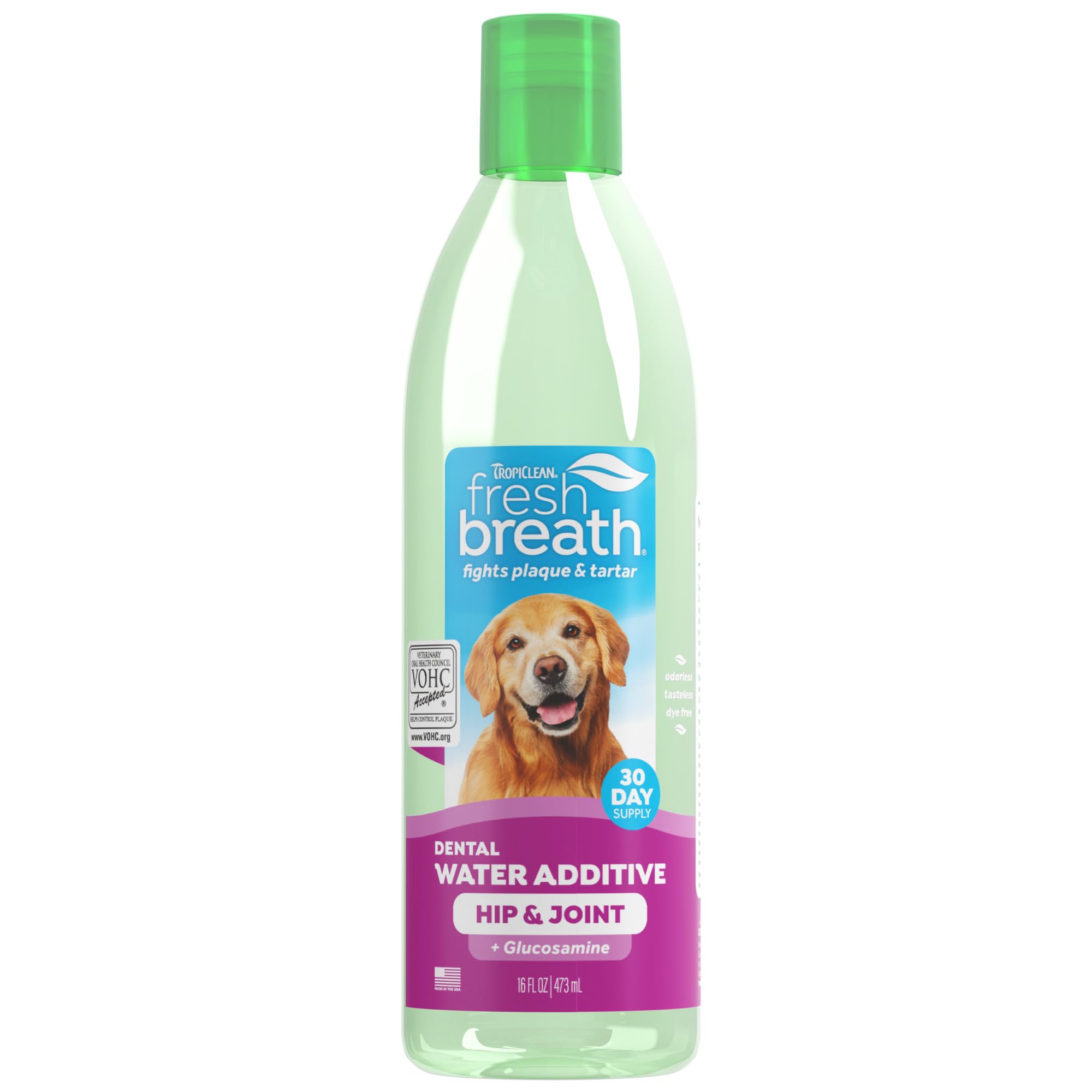 TropiClean Fresh Breath Water Additive for Dogs with Glucosamine, Hip and Joint Support for Dogs, Breath Freshener & Teeth Cleaning Solution, 16oz.