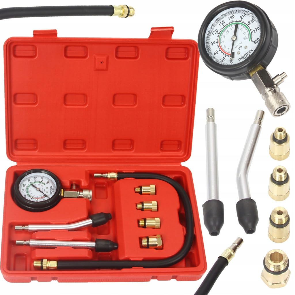 Set per la Misurazione della Pressione di Compressione nei Cilindri dei Motori Benzina | 8 Pezzi | 0-300 psi | Tubo Flessibile 49 cm | con Valigetta