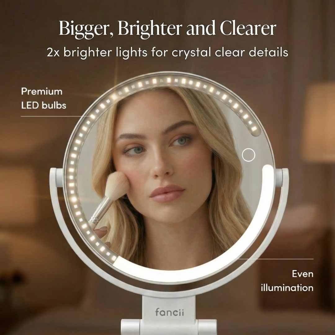 Fancii Miroir de voyage grossissant 10x/1x avec lumières, rechargeable | Miroir de maquillage extra large de 22,9 cm avec éclairage LED, miroir de courtoisie pliable, double face, 3 réglages de