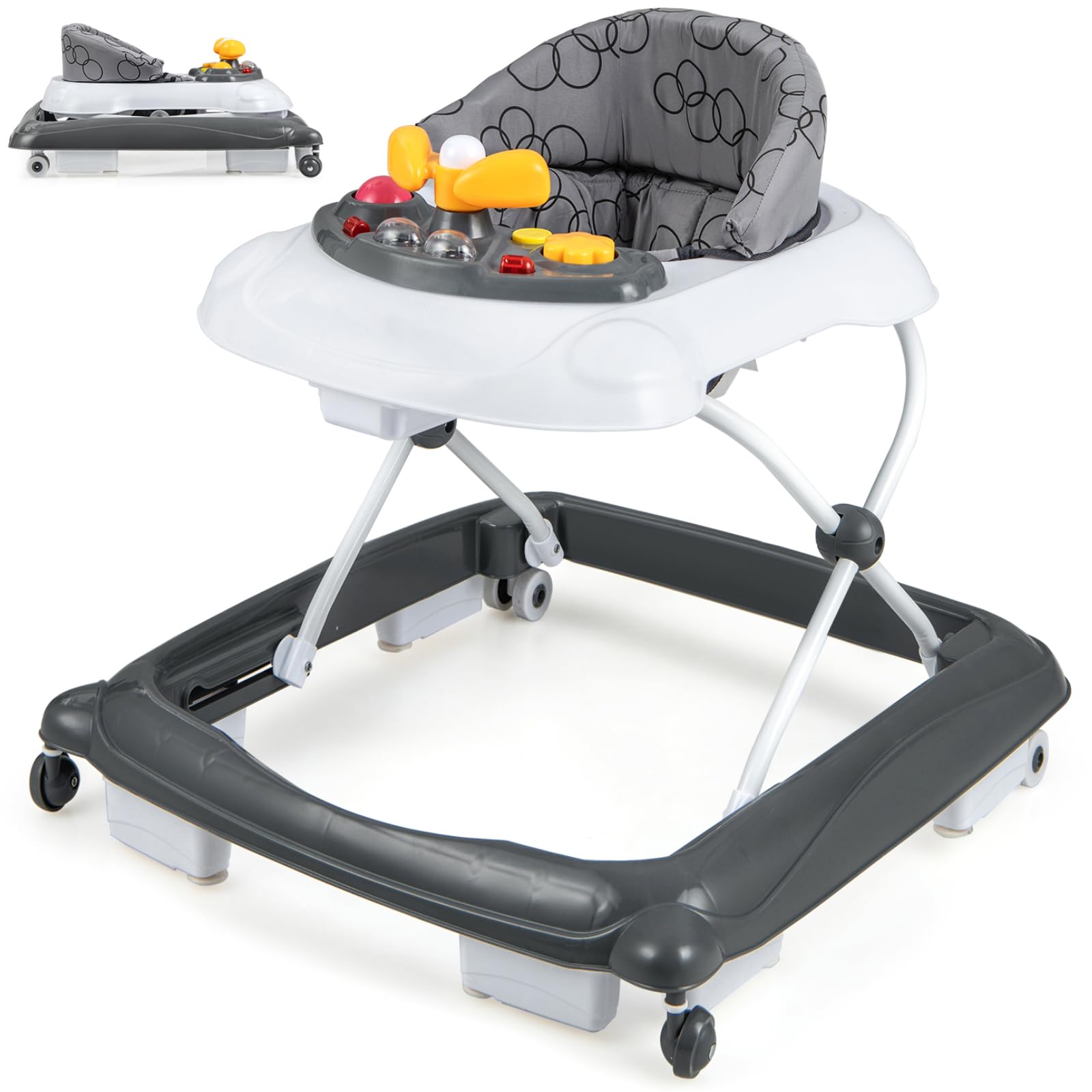 4 in 1 Baby Walker, Foldable Infant Activity Center with 3 Adjustable Heights, Removable Lights and Music Tray & Padded Seat Cushion, Toddler Push Along Walker for 6-14 Months (Gray)