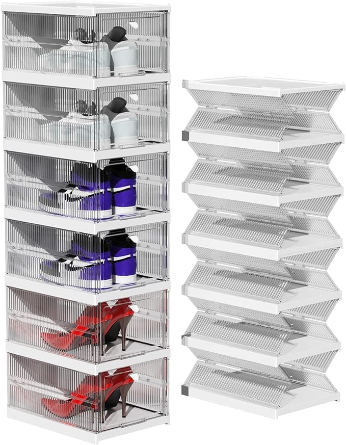 GGEROU Shoe Organizer Storage Box,Collapsible Shoe Rack Organizer,Folding Shoe Rack for Closet with Magnetic Clear Door,Large Sneaker Cabinet Bins,Stackable Cube Shelf Organization (6 Layers)