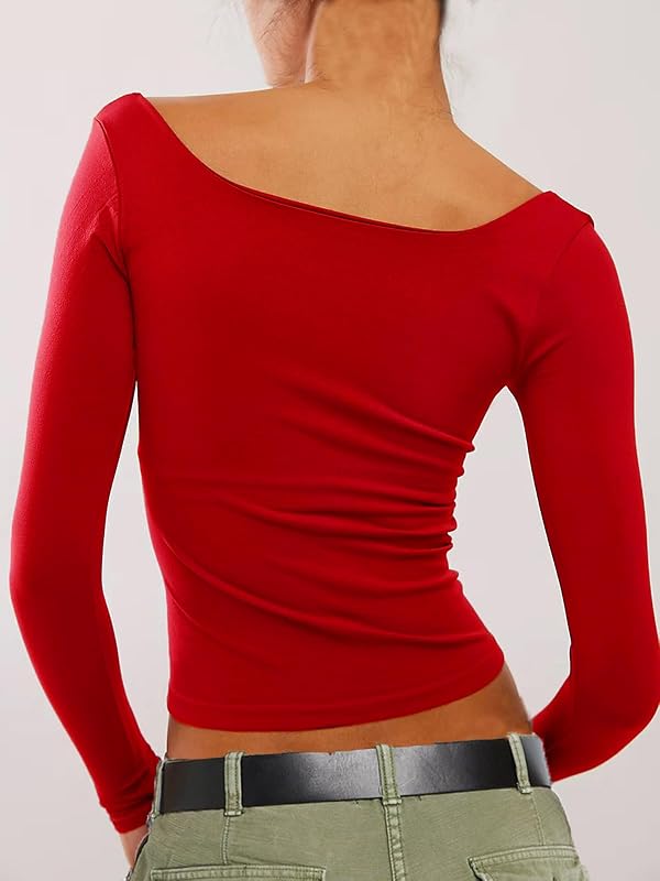 TiulZial Square Neck Shirt for Women - Long Sleeve Going Out Tops Double Lined Tight Crop T Shirt Slim Fit (Red,L) by TiulZial - Used condition - US$18.95