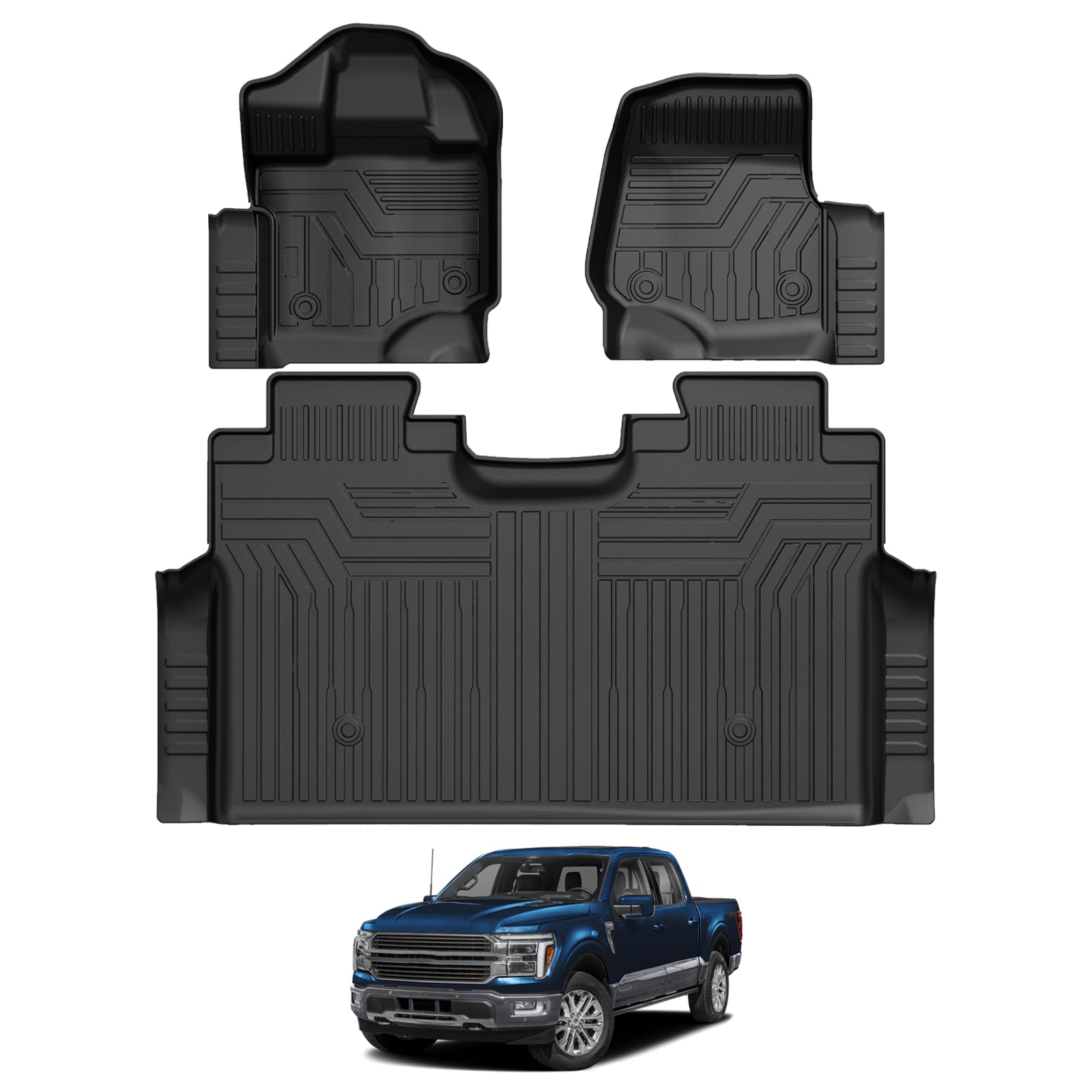 Falafa Floor Mats Fit for 2015-2025 Ford F-150/2022-2025 F150 Lightning SuperCrew Cab(Rear w/o U-Seat Flat Storage), TPE All Weather Floor Liners, Custom Fit F150 Truck Mats, 1st and 2nd Row