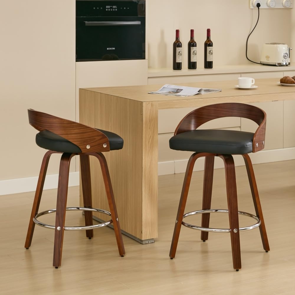 Juego De Taburetes De Bar De Dos Piezas, Taburete De Bar Giratorio, Respaldo Bajo, Taburete De Bar De Madera, Asiento Acolchado.