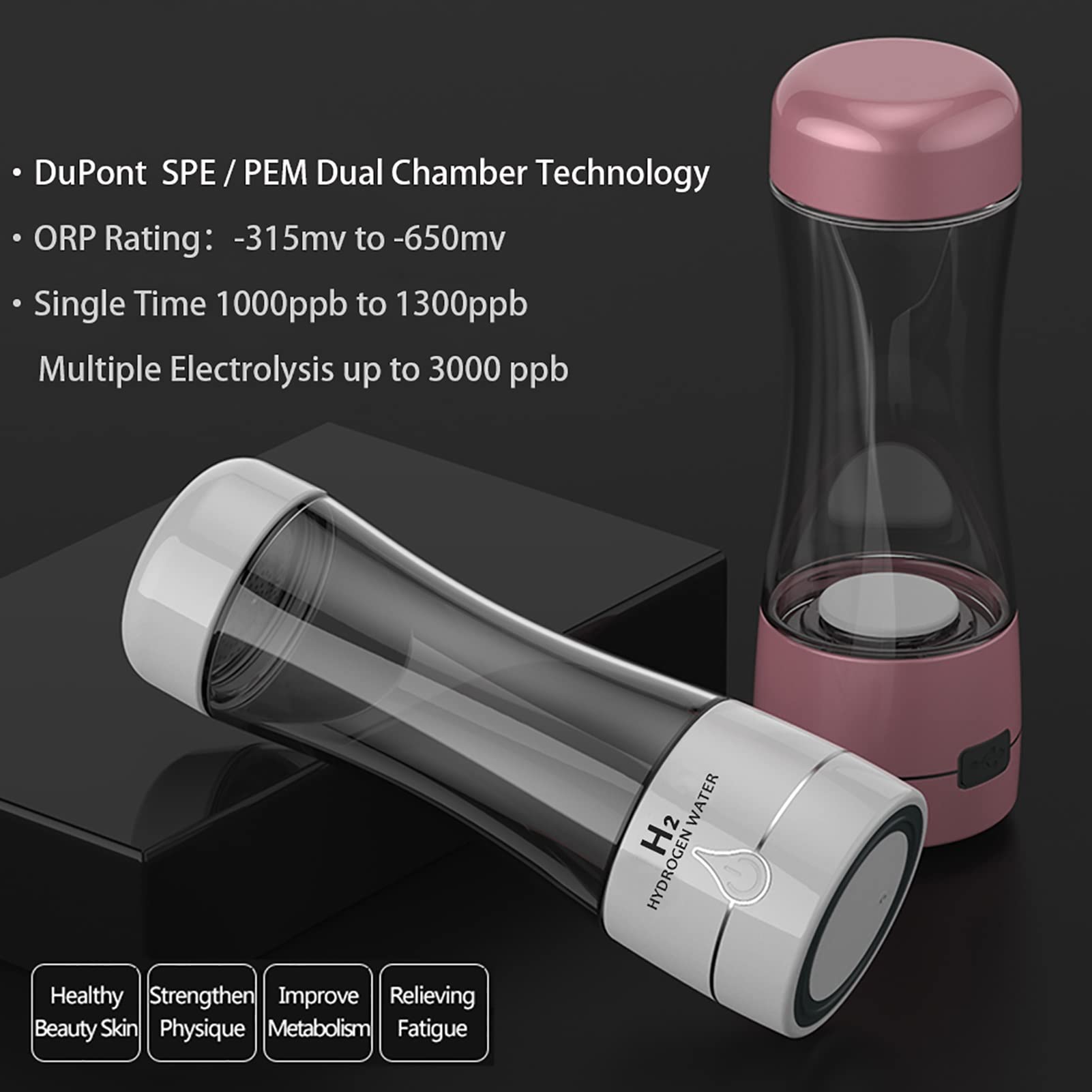 Bouteille d'eau alcaline Riche hydrogène H2, générateur d'eau à hydrogène Portable avec ioniseur, Technologie à Double Chambre SPE et PEM, rejet Chlore jusqu'à 3000 ppb, Bouteille Verre 350 ML