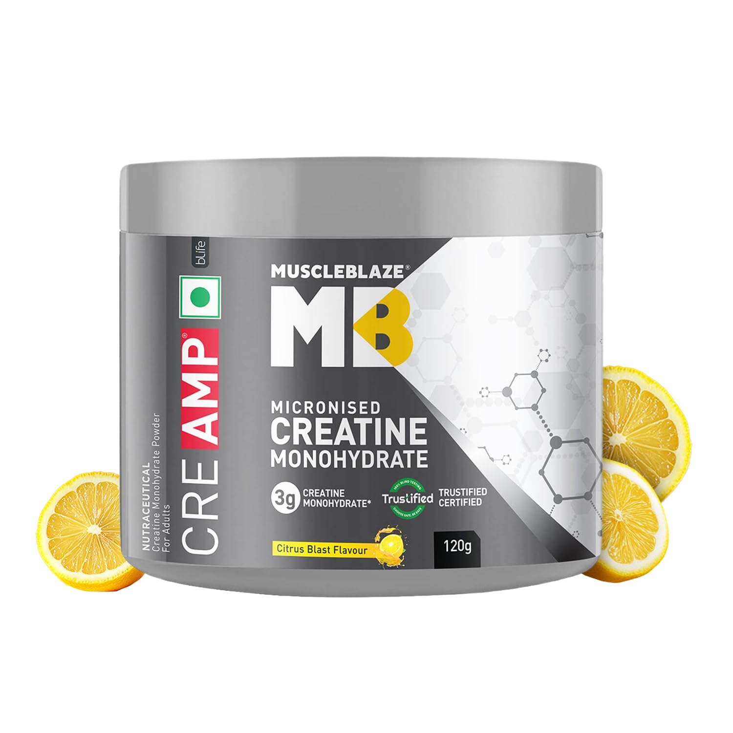 MuscleBlaze Micronised Creatine Monohydrate CreAMP Powder, Citrus Blast (30 Servings, 120g) | Trustified Certified Creatine