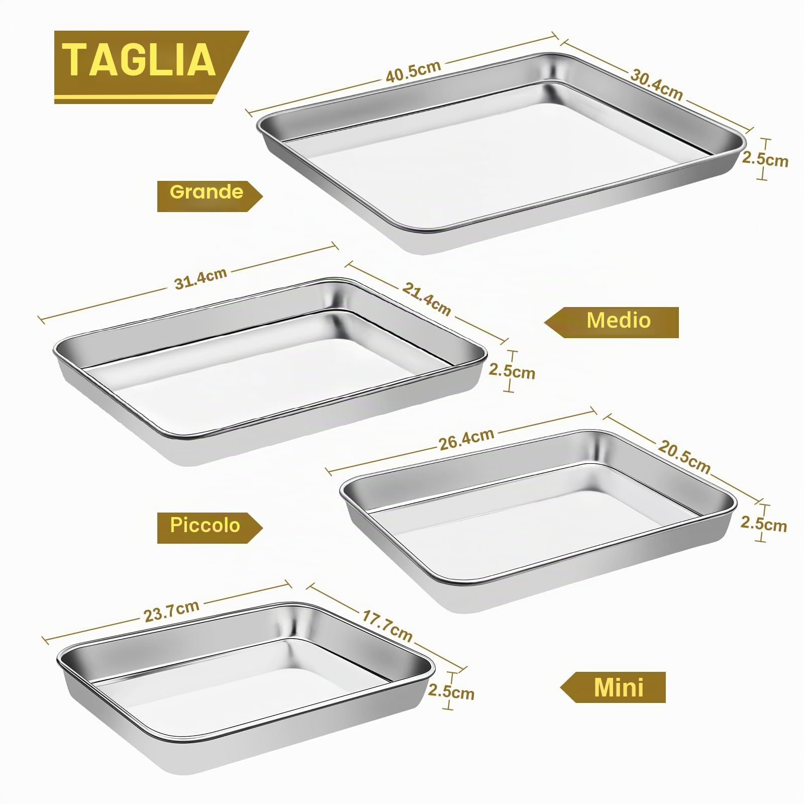 Terlulu Essentials - Set di 4 teglie da forno in acciaio inox, con bordi arrotondati, sani e atossici, facili da pulire e lavabili in lavastoviglie (grandi dimensioni), yongwangxing-0009UK