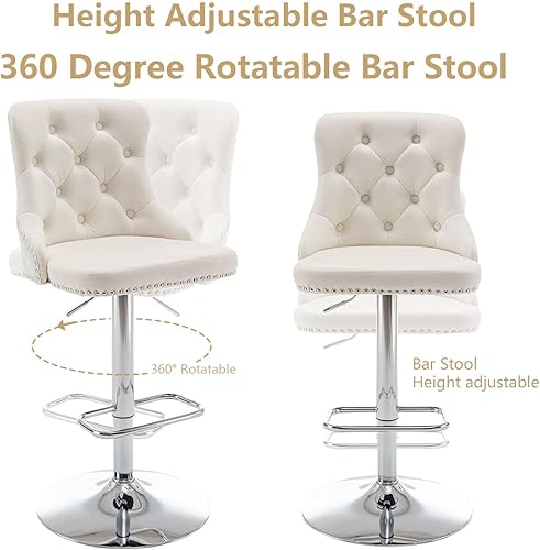 Miniatura 6 de Juego de 2 taburetes de bar de terciopelo, taburetes de bar con altura de mostrador con ribete de cabezas de clavos, anillo de tracción, taburetes