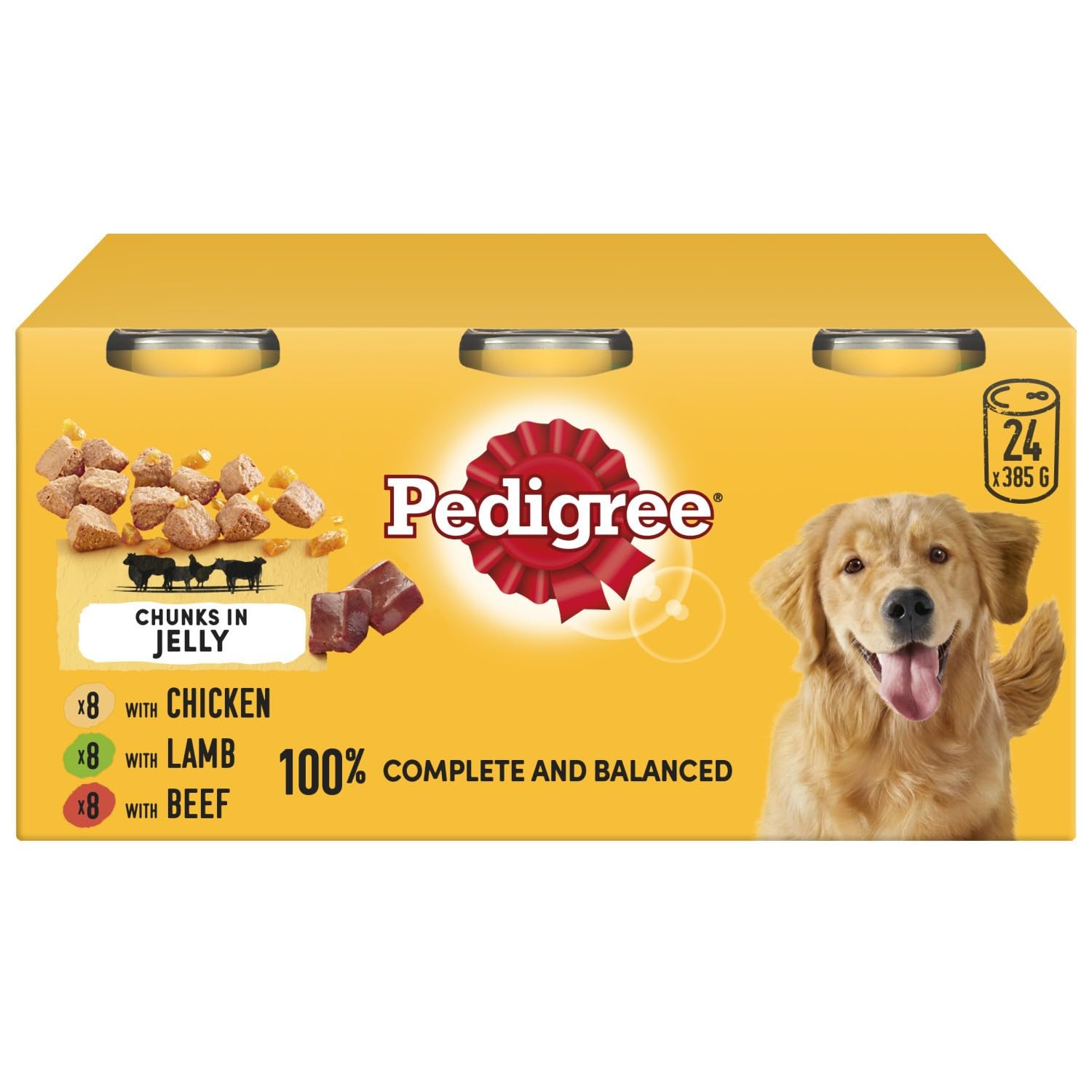 Pedigree Adult Wet Dog Food Tins Mixed Selection in Jelly 24 x 385g – Chicken, Lamb & Beef, for Healthy Skin, Coat, and Immune Support