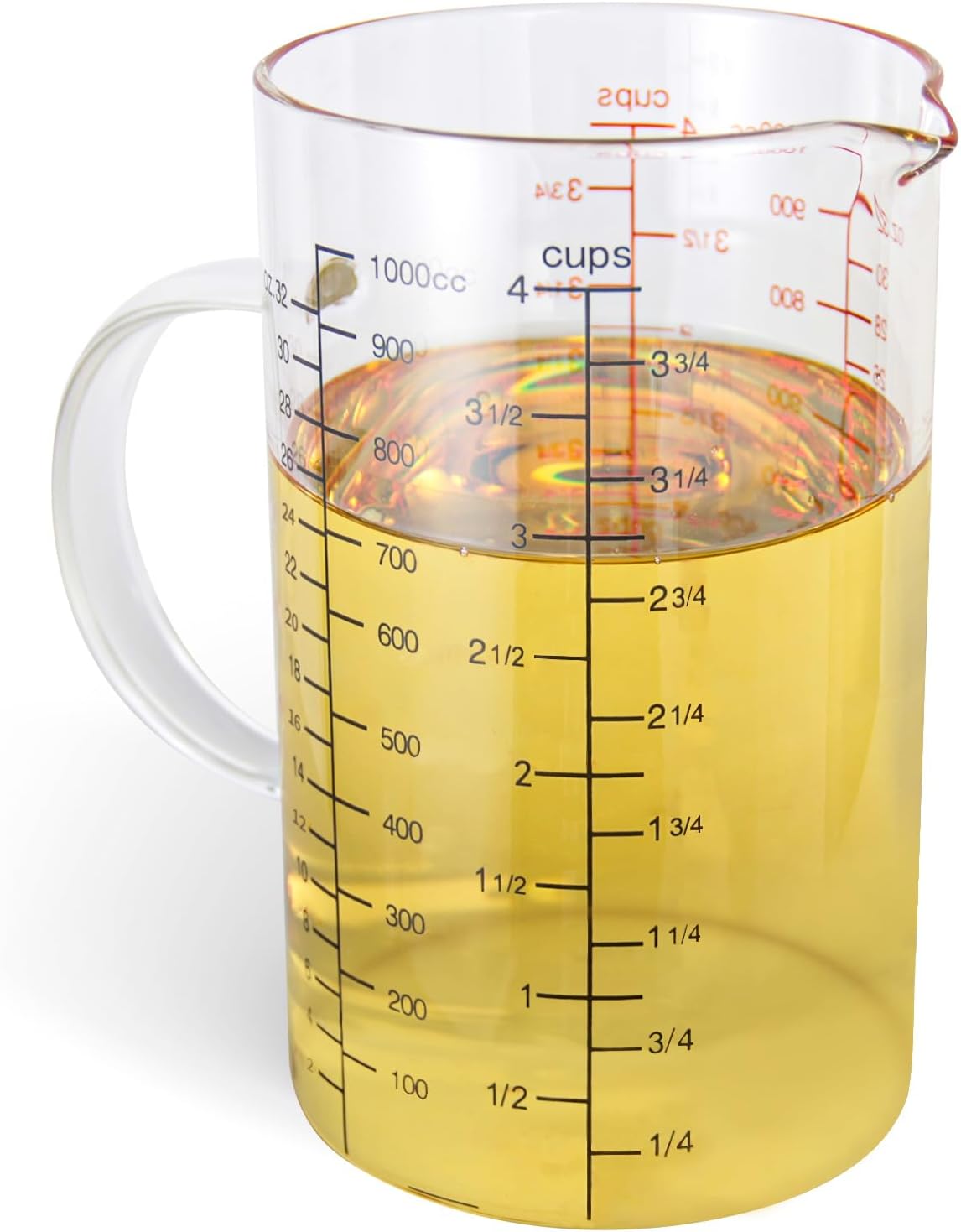 Glass Measuring Cup with Handle, [Double-Sided Measuring Scale, V-Shaped Spout, Insulated handle], High Borosilicate Glass Measuring Cup with Three Scales (OZ, Cup, ML) for Liquid (4 Cup)